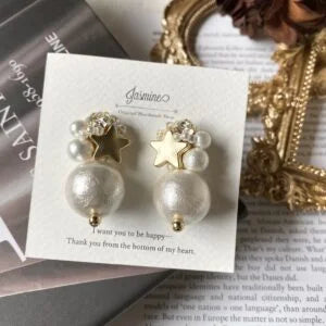 おしゃれ 大人可愛い マットなスタービジュー×コットンパール ピアス / イヤリング 【Stella short】 | JASMINE ハンドメイドアクセサリー 三重