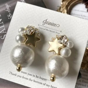 おしゃれ 大人可愛い マットなスタービジュー×コットンパール ピアス / イヤリング 【Stella short】 | JASMINE ハンドメイドアクセサリー 三重